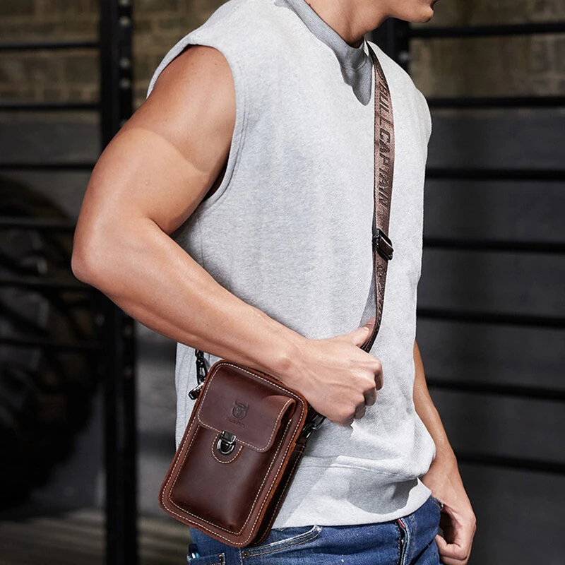 (image for) BULLCAPTAIN Men Casual Waist Bag Belt Purse Genuine Leather Multifunctional Shoulder Messbage Bag Mobile Phone Crossbody Bags Waist Pack
